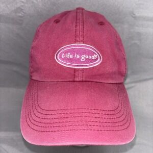 Vtg Life is Good Script Oval Pink  Embroidered Baseball Hat Relaxed Chill Cap